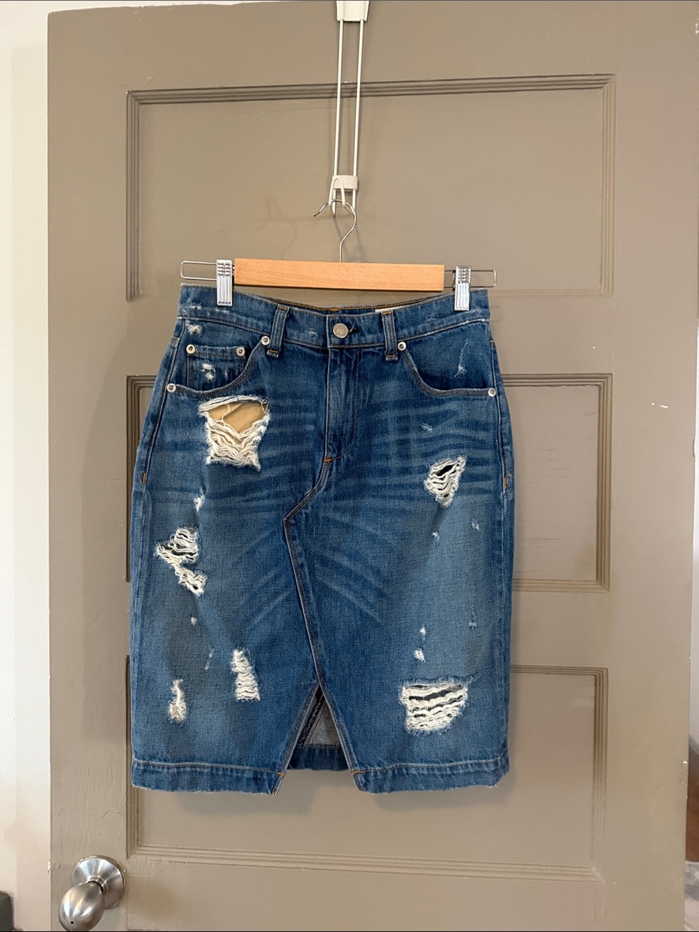 rag & bone Distressed Dark Blue Denim Pencil Skirt